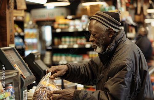 old mature man holding a packing of food bag at grocery store cashier. man pay at the supermarket checkout with his shopping, bag packing. Mature male with a pack of food products in supermarket. © ExF Designs