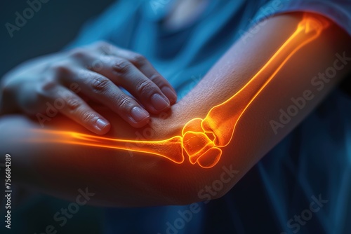 Woman with highlighted elbow ache. photo