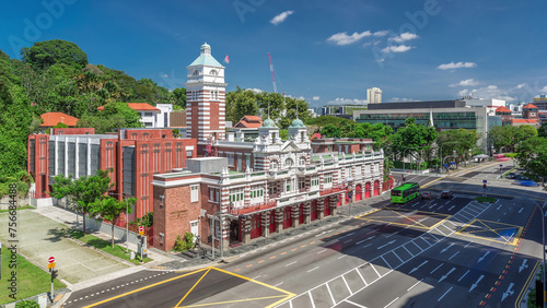 Canvas Print Street traffic near the fire station of Singapore aerial timelapse