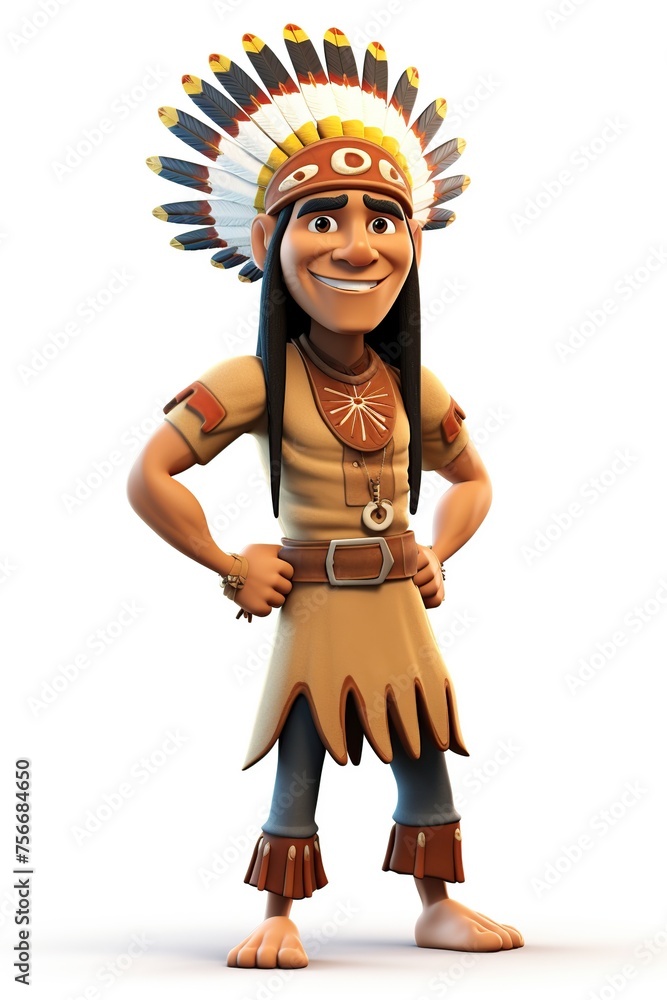 3D cartoon illustration, a full body american indian