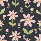 Vector spring pink flowers with green leaves pattern on isolated black background. Botanical seamless pattern. For wallpaper, postcards, packaging paper.