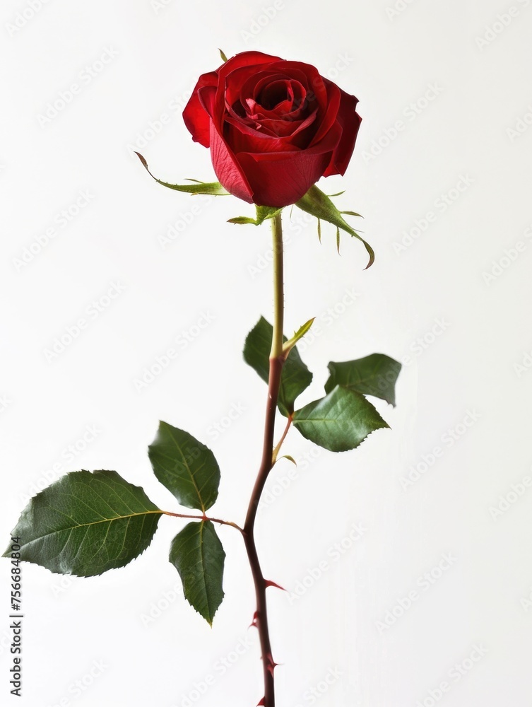 Fototapeta premium Vibrant Red Rose with Lush Green Leaves Isolated on White Background