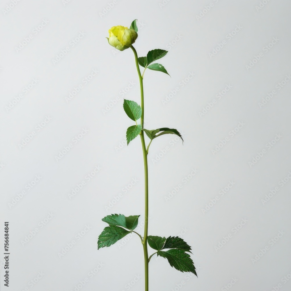 Green Rose Stem with Young Bud and Fresh Leaves Isolated on White