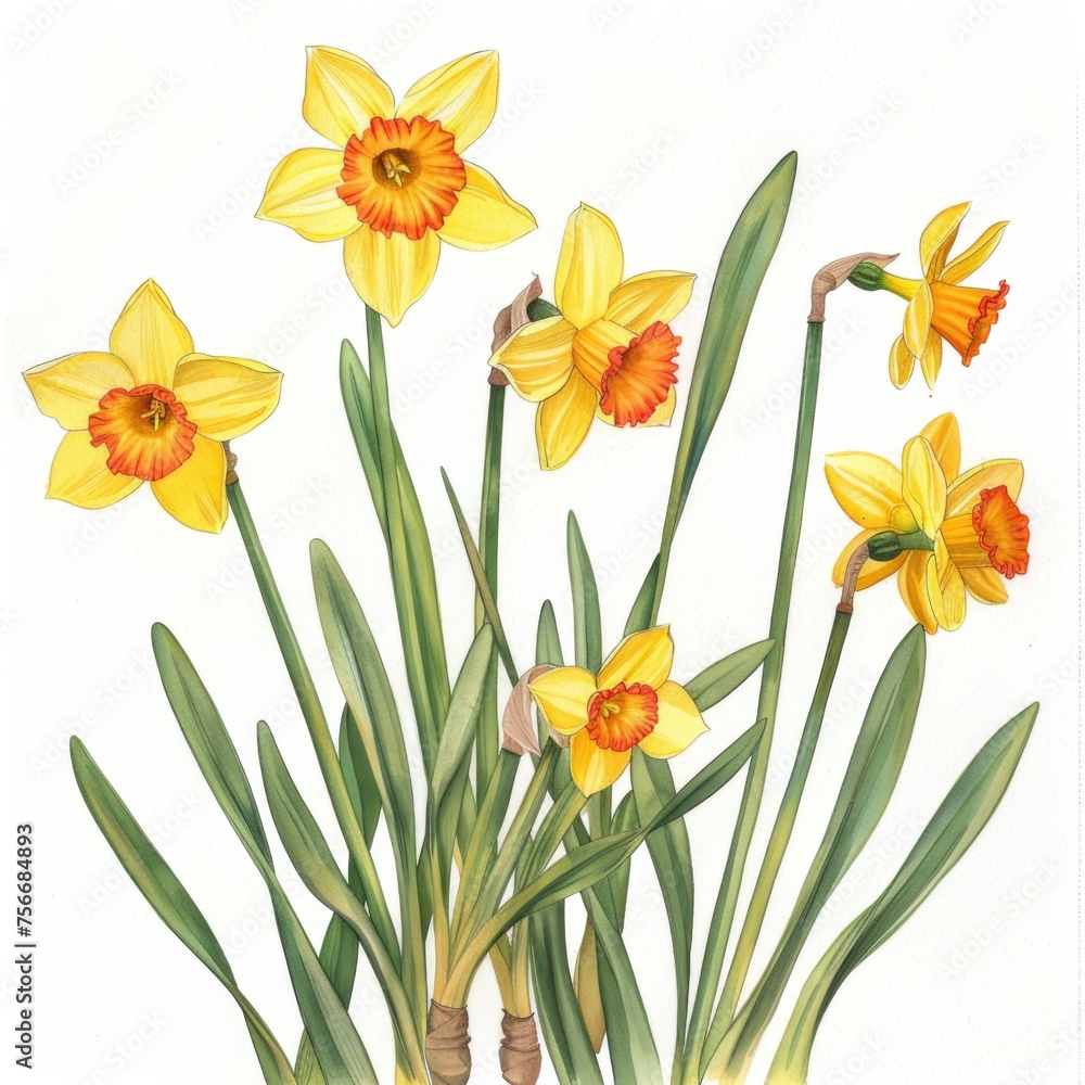 Bright Yellow Daffodils with Orange Centers Isolated on White, Spring Blooms