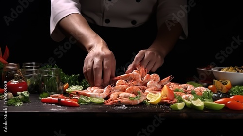 Professional chef prepares shrimps with greens. Cooking seafood, healthy vegetarian food, and food on a dark background. Horizontal view.
