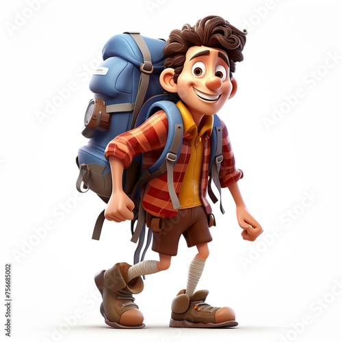 3D illustration cartoon young man on a vacation trip with a backpack
