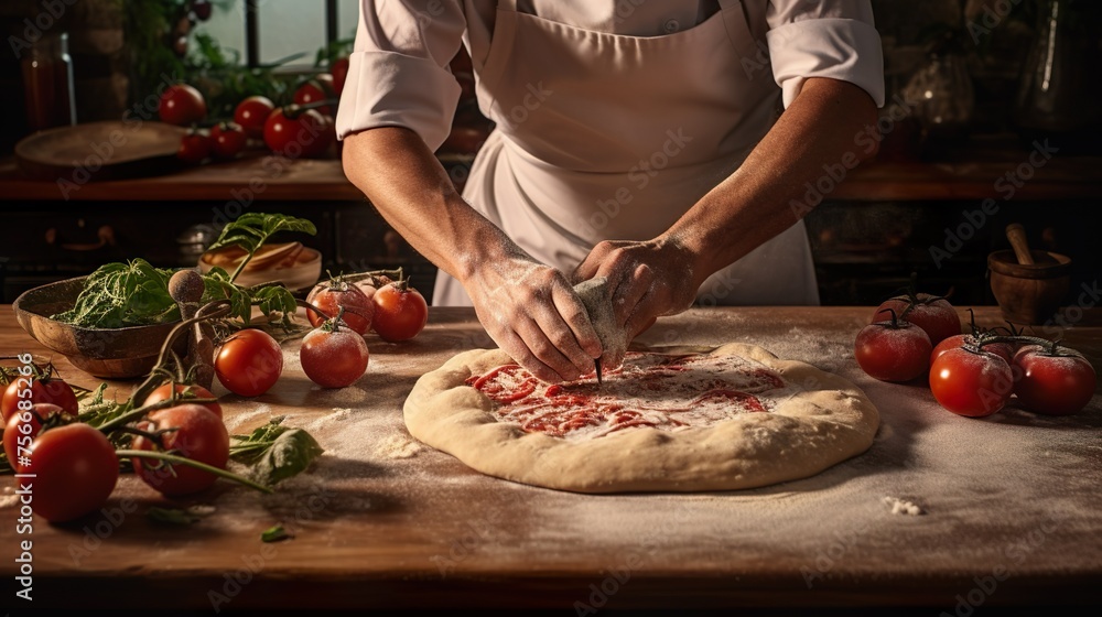 Pizza making process. Male chef hands making authentic pizza in the pizzeria kitchen.