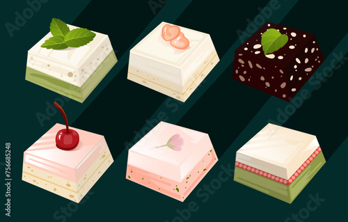 Vector set of Japanese pastry, yokan, traditional sweet, Asian pastry vector illustration. © Elizabeth