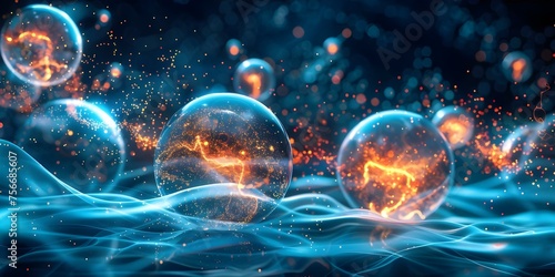 Visual representation of quantum computing with bursting spheres and dynamic waves. Concept Quantum Computing, Bursting Spheres, Dynamic Waves, Visual Representation