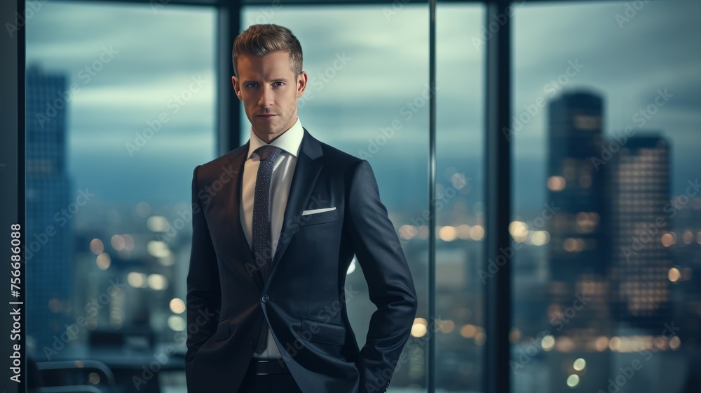 Fototapeta premium A man in a suit and tie stands in front of a city skyline