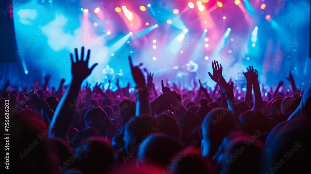 A crowded concert hall with scene stage lights , rock show performance, with people silhouette, on dance floor air during a concert festival