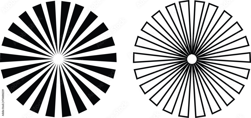 Sunburst element radial stripes or sunburst backgrounds icons set. Collection of rays design. Retro stars black vector isolated on transparent. Editable stock line and flat geometric sunburst symbol.