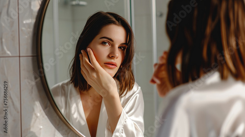 Woman is seen reflecting on her appearance in a mirror, creating a moment of introspection or self-examination
