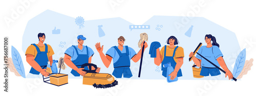 Staff of professional cleaners offer expert housework services, flat vector illustration isolated on white background. Professional cleaners and janitorial staff.
