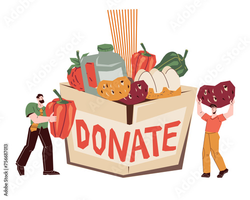 Charity food drive and donating to a local food bank. Charity movement logo or poster element, flat vector illustration on white background.