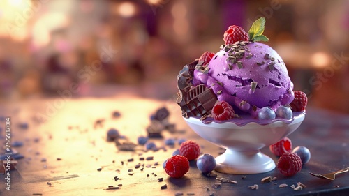 Berry ice cream sprinkled with fresh raspberries and blueberries, colorful and delicious dessert, healthy food