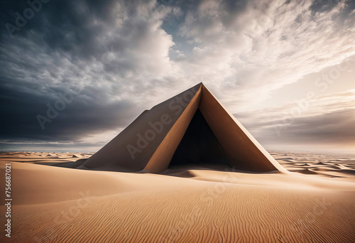 triangular structure  possibly a pyramid  is situated in the desert. The structure is surrounded by sand dunes and a cloudy sky above.