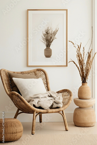 Dive into the boho atmosphere contemporary living space, wicker chair, floor vases, and a blank mockup poster frame on a crisp white wall.