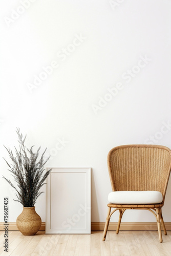 Dive into the boho atmosphere contemporary living space, wicker chair, floor vases, and a blank mockup poster frame on a crisp white wall. © Haider