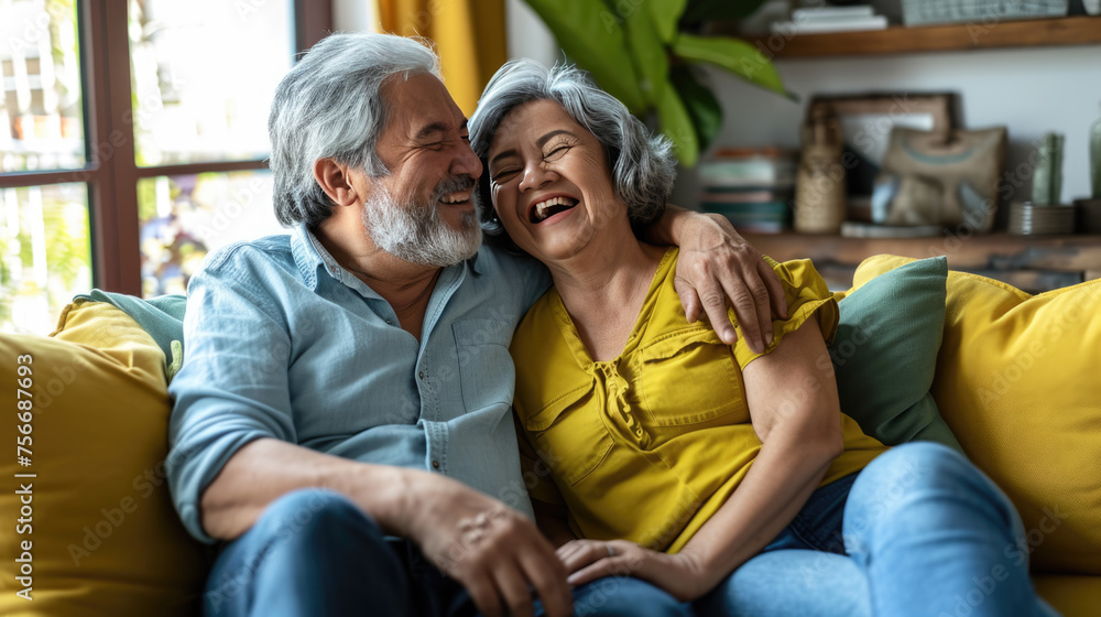 Senior couple is laughing and embracing each other on a couch, sharing a joyful moment together. Senior couple is laughing and embracing each other on a couch, sharing a joyful moment together.