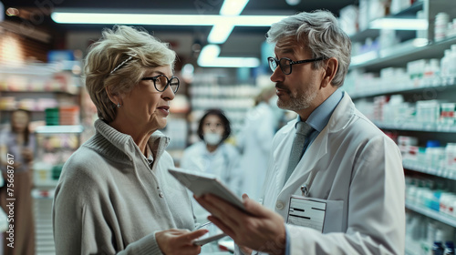 Pharmacist in a white coat and glasses having a consultation with a female patient in a pharmacy, holding a digital tablet and discussing her medical needs. photo