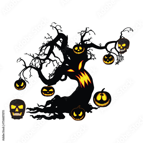 Halloween spooky tree with pumpkin vector