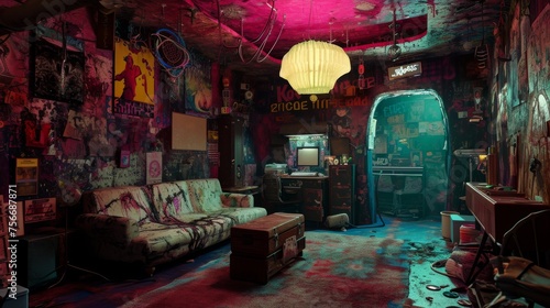 Interior of a dark room with graffiti on walls and a sofa © Олег Фадеев