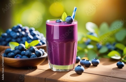 glass glass with blueberry smoothie, ripe blueberry berries, blueberry bushes on the background, orchard, sunny day