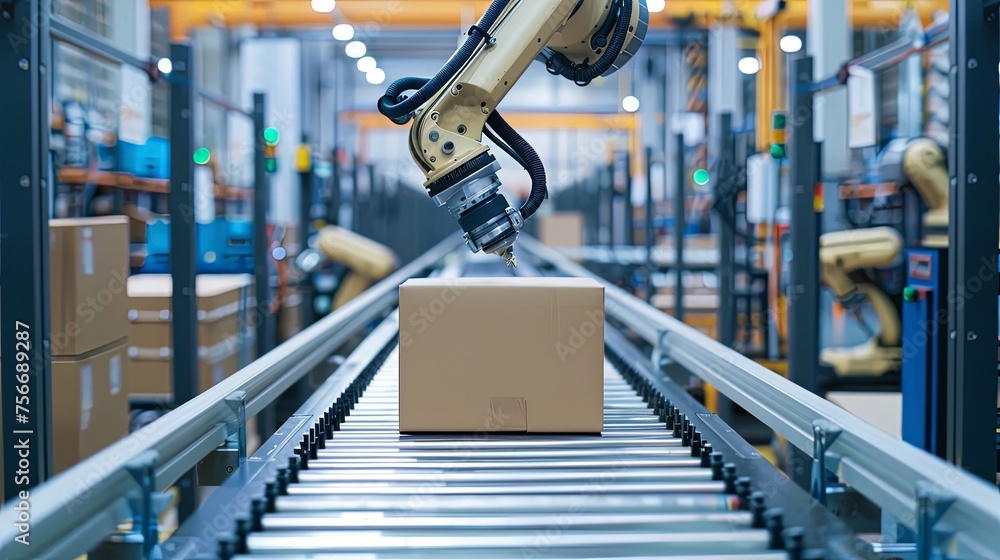 Modern automated industrial robot arm working with cartboard box parcels on conveyor belt in industrial warehouse. Modern automated industrial robot arm working with cartboard box parcels on conveyor belt in industrial warehouse.