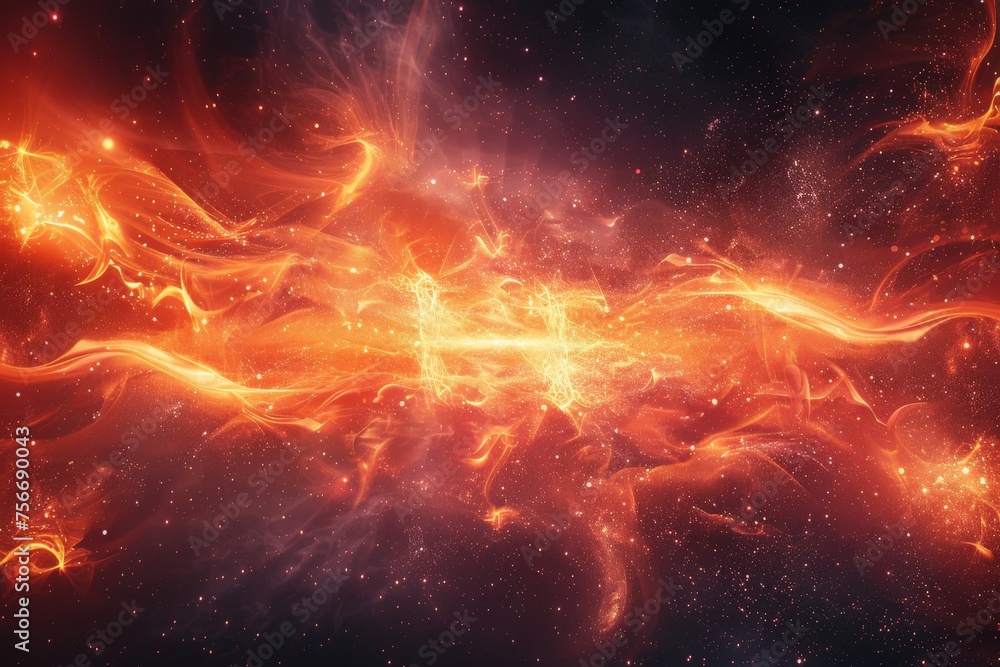 A vibrant digital illustration of a fiery cosmic energy flow, representing chaos and creation in the universe A vibrant digital illustration of a fiery cosmic energy flow, representing chaos and creation in the universe