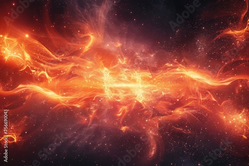 A vibrant digital illustration of a fiery cosmic energy flow  representing chaos and creation in the universe