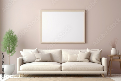 Envision a tranquil space adorned with a beige and Scandinavian sofa, a white blank empty frame for copy text, against a soft color wall background.