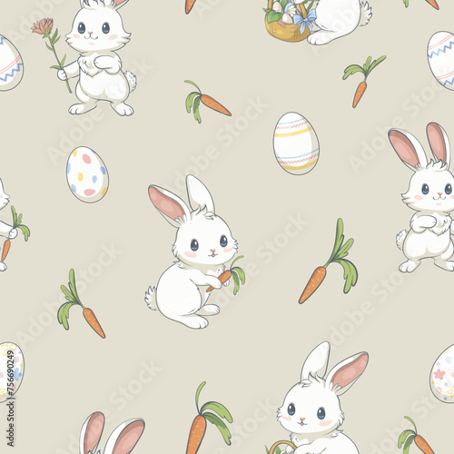 Seamless pattern with white bunnies and Easter eggs