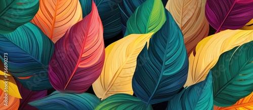 Abstract seamless pattern with colorful tropical leaves for design. Bright summer background featuring jungle foliage. Botanical swimwear design with a vintage touch.