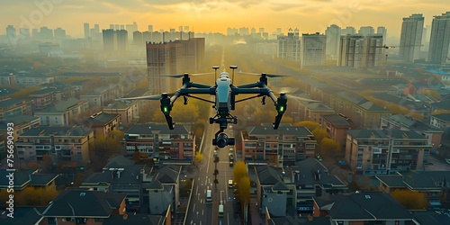 Unmanned aerial vehicle equipped for monitoring and policing duties in urban area . Concept UAV Technology, Urban Monitoring, Police Surveillance, Law Enforcement, Aerial Patrols