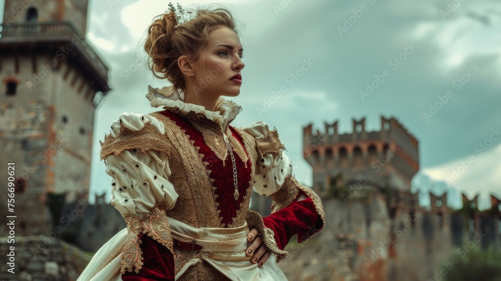 A woman in a lavish renaissance dress stands gracefully in front of a majestic castle