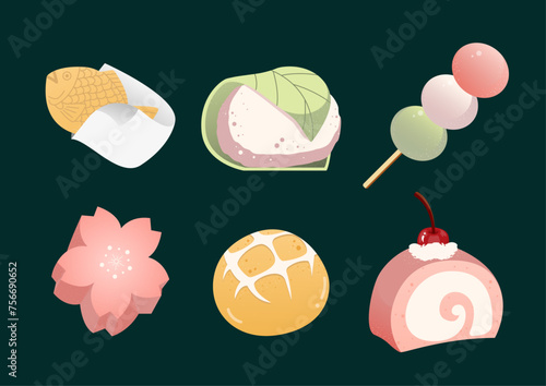 Vector set of Japanese pastry, traditional sweet, Asian pastry vector illustration. © Elizabeth