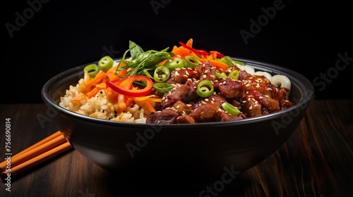 Top view composition of various Asian food in bowl