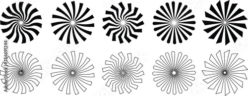 Sunburst element radial stripes or sunburst backgrounds icons set. Collection of rays design. Retro stars black vector isolated on transparent. Editable stock line and flat geometric sunburst symbol.