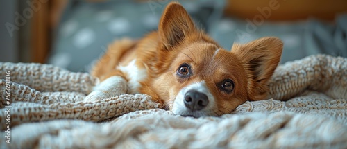 A cute dog lays on the bed and rests © Avve Diana