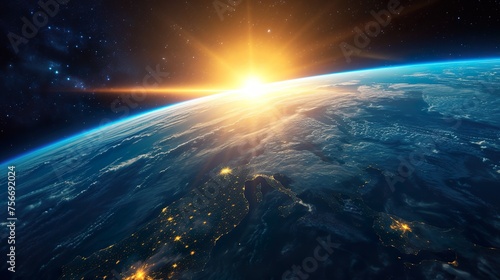 Panoramic view of the Earth from space, sun, star and galaxy. Sunrise over planet background
