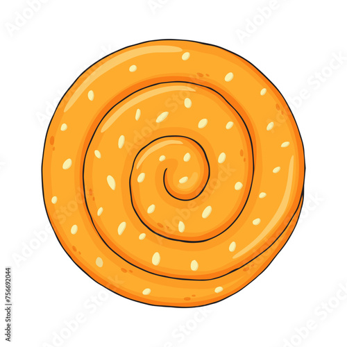 Cartoon colorful cinnamon roll with sugar isolated on white background. Sketch fresh sweet round bun top view for cafe decoration or menu design. Hand drawn vector illustration.
