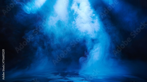 Rays, spotlights light. Empty dark scene with blue light. Asphalt blue dark background with smoke.