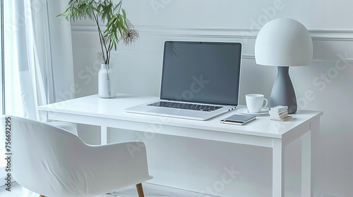 Home Office Setup: Modern Desk with Laptop and Comfortable Chair for a Clean, Efficient Working Environment © Taslima