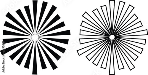 Sunburst element radial stripes or sunburst backgrounds icons set. Collection of rays design. Retro stars black vector isolated on transparent. Editable stock line and flat geometric sunburst symbol.