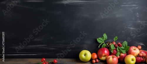 A variety of apples and berries displayed on a wooden table in front of a blackboard, showcasing an array of natural foods and superfoods