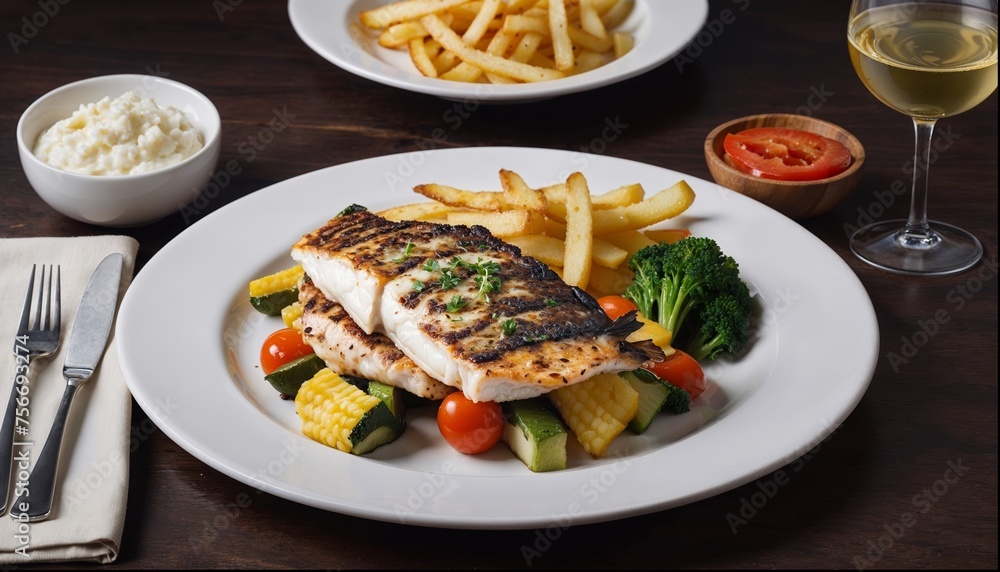 A plate of food with a grilled fish, corn, tomatoes, and broccoli A plate of food with a grilled fish, corn, tomatoes, and broccoli
