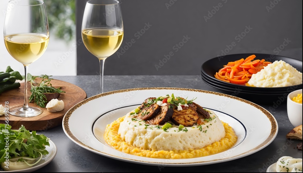A plate of food with a side of mashed potatoes and a glass of wine