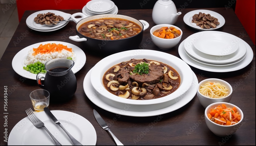 A table with a variety of food, including a large bowl of beef stew