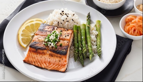A plate of food with a piece of salmon, green asparagus and rice.